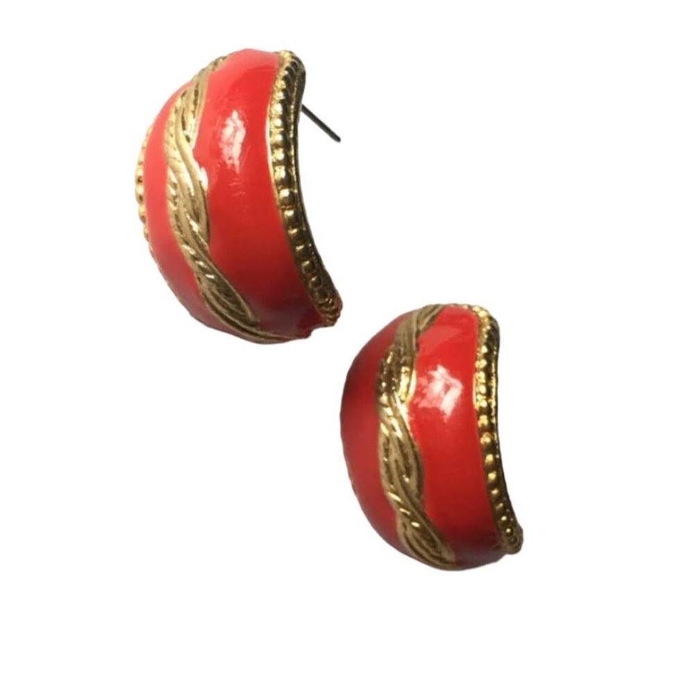Very heavy gold tone and red enamel post earrings